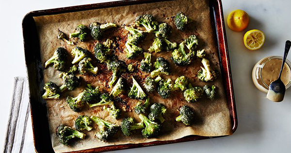 Curried Sheet Pan Broccoli with Peanuts and Tahini