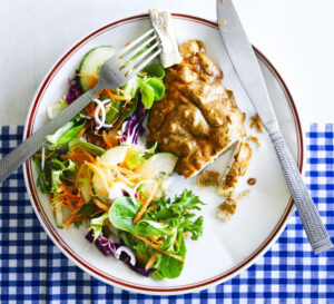 baked peanut chicken with carrot cucumber salad