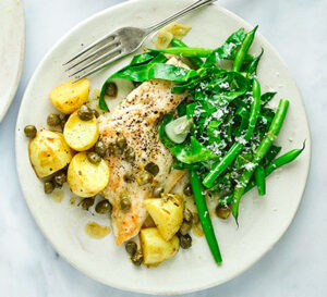 chicken piccata with garlicky greens new potatoes