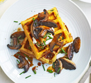 Chive waffles with maple & soy mushrooms