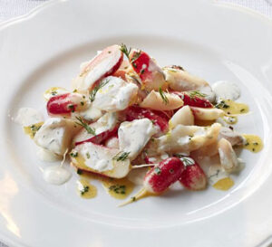 cured pollack with dill cream radish salad