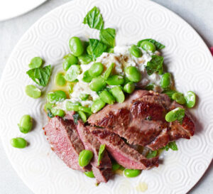 greek lamb with smoked aubergine minty broad beans