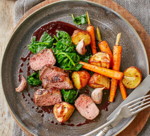 loin of lamb wilted spinach carrots rosemary potatoes
