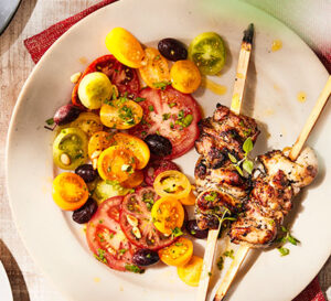 preserved lemon chicken skewers with summer tomato salad 1