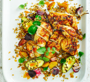 sticky citrus chicken with griddled avocado beet salad
