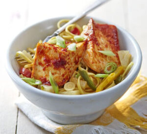 sweet chilli tofu with pineapple stir fried noodles