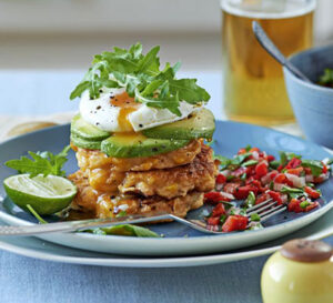 sweetcorn cakes with poached eggs salsa 0