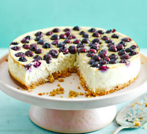 Baked almond banana blueberry cheesecake