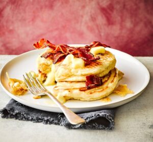 Brie stuffed pancakes with crispy bacon