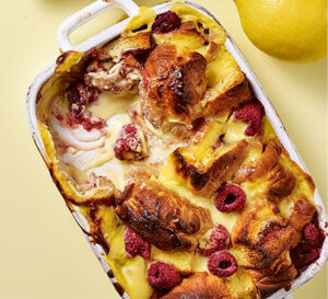 Lemon raspberry doughnut pudding