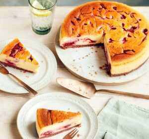 White chocolate raspberry ripple baked cheesecake